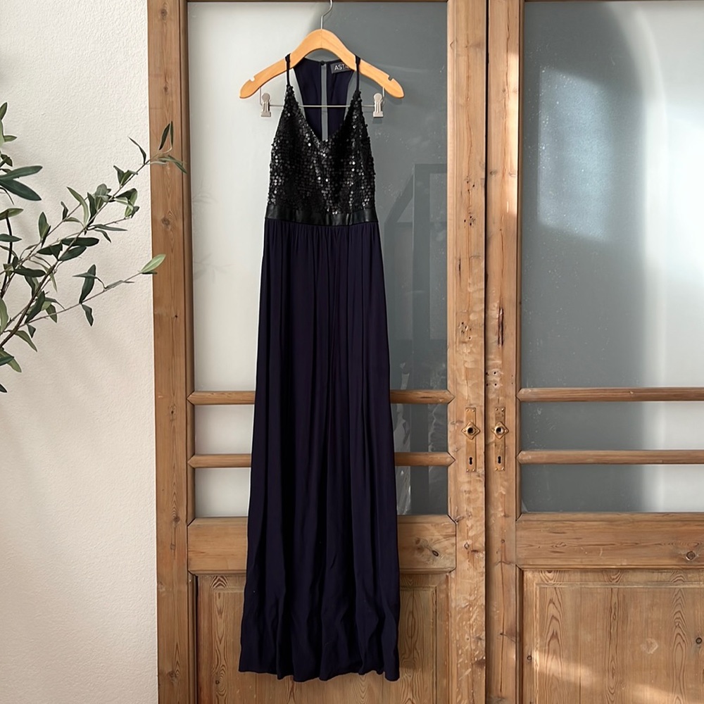 ASTR small sequin + vegan leather + chiffon maxi dress, strappy back